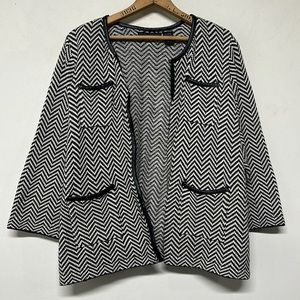 Preswick & Moore Black & White Chevron Cardigan Sweater Vegan Leather Trim